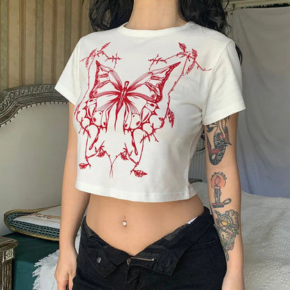 lovwvol Y2k Aesthetic clothing butterfly print Vintage round neck short sleeve t-shirts women summer streetwear baby tee y2k harajuku