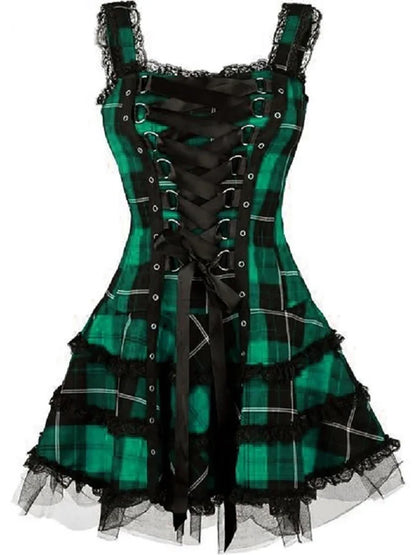 Plaid Bandage Gothic Women A-line Dresses Grunge Aesthetic Lace Trim Patchwork Mini Dress Punk Bodycon Sexy Partywear