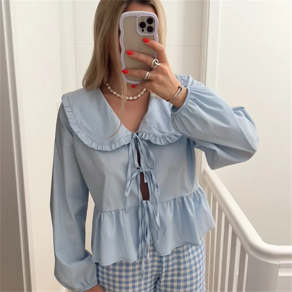 lovwvol  2024 Spring New Women's Fashionable and Casual Versatile Doll Face Short Lace up Shirt Top