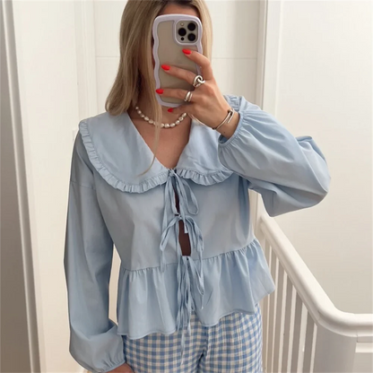 lovwvol  2024 Spring New Women's Fashionable and Casual Versatile Doll Face Short Lace up Shirt Top