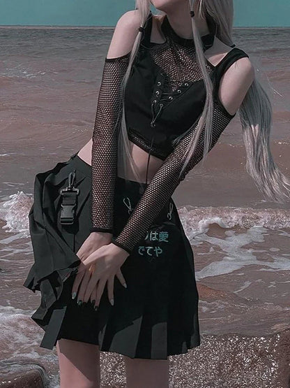 Fishnet Cut Out Women Sexy Halter T-shirts Mall Gothic Grunge Black Bandage Crop Tops Punk Open Shoulder Alt Clothing