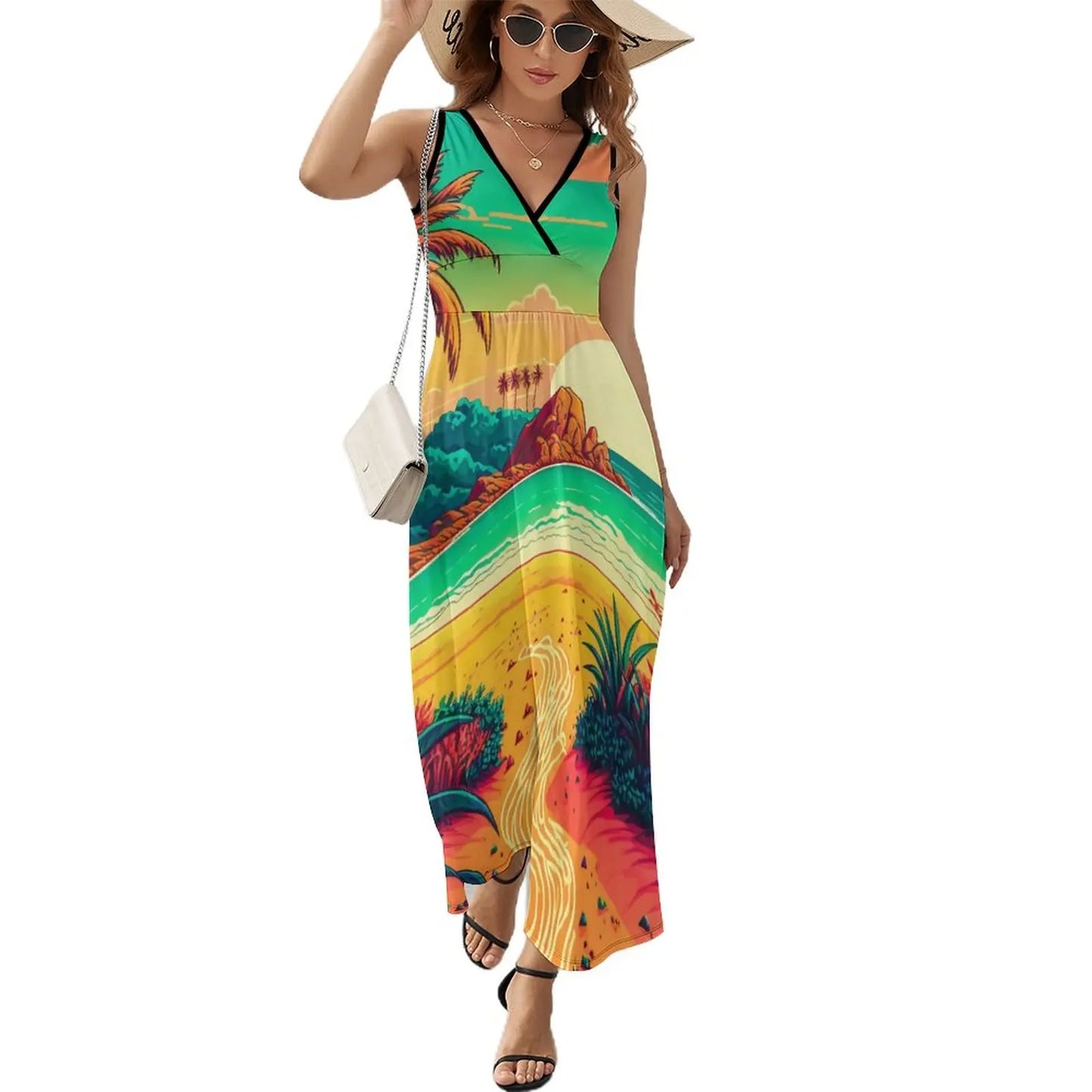 lovwvol Tropical Print Dress Female Orange Flowers Vintage Maxi Dress V Neck High Waist Aesthetic Design Boho Beach Long Dresses