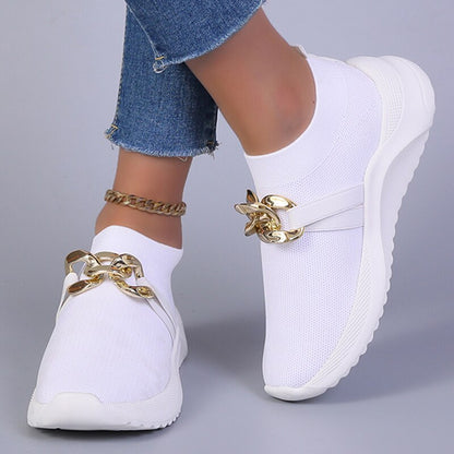 Metal Chain Breathable Mesh Flats Women Autumn Slip On White Sneakers Woman Plus Size 43 Comfy Soft Sole Casual Shoes