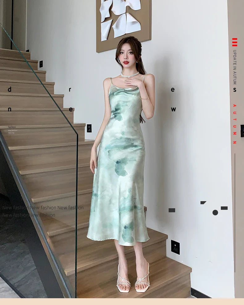 lovwvol Vintage Print Satin Midi Dresses Female  Summer French Elegant Chic Swinging Collar Slim Camisole Green Clothes for Women