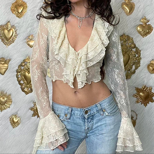 lovwvol Fashion V Neck Party Lace Shirt Flare Sleeve Ruffles Spliced Ruched Vintage See Through Thin Crop Top Blouse Clubwear