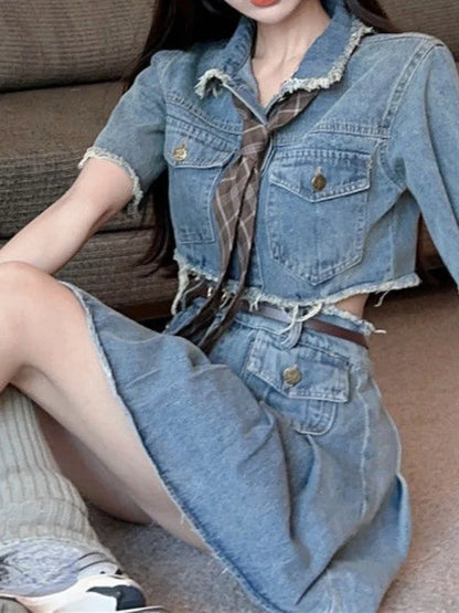 lovwvol Summer Korean Fashion Outfits Retro Denim Safari Party Suits Style Women Casual Elegant Crop Tops + Bodycon Mini Skrits