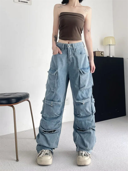 lovwvol Women's Multi Pocket Street Loose Unisex Jeans American Summer Trousers Young Girl Street Bottoms Female Denim Pants