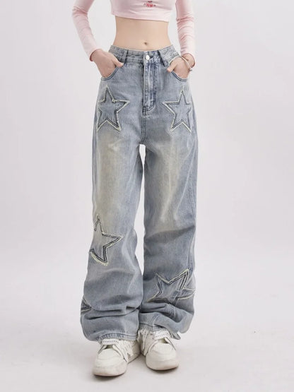 lovwvol Y2K 90s Streetwear Star Jeans Women Vintage Distressed Blue Baggy Denim Pants American Retro Wide Trousers Korean Style