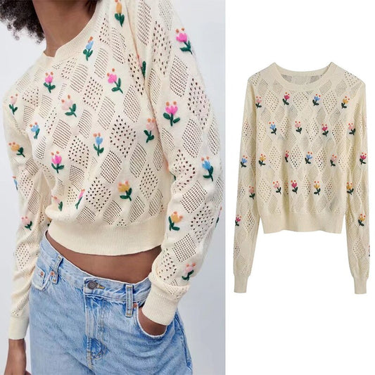 lovwvol Spring Women Flowers Embroidery Jumpers Fashion Knitting Sweater Female Chic Basic O Neck Long Sleeve Pullovers Tops