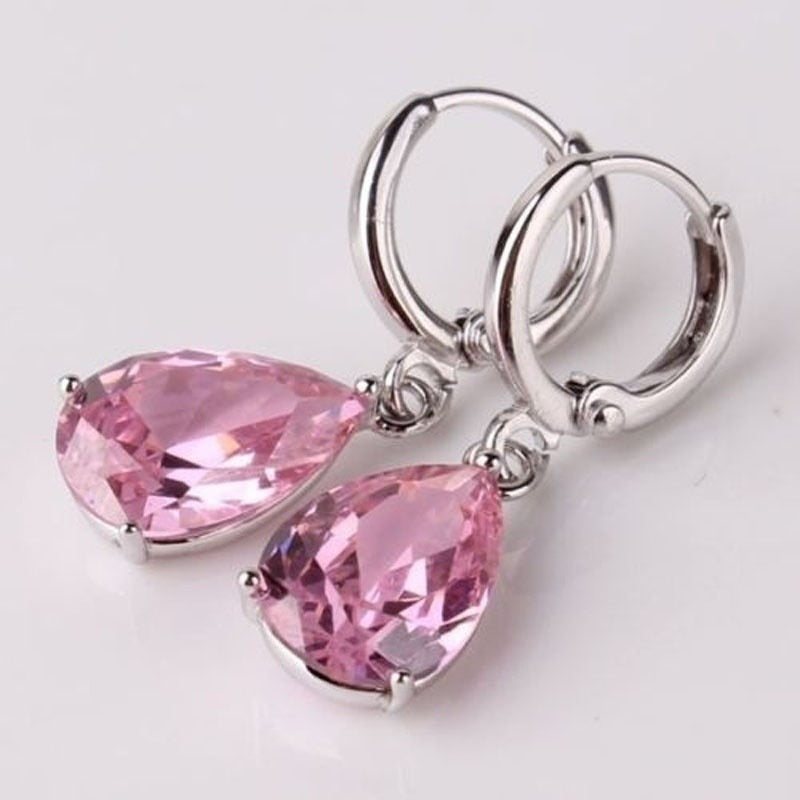 Gorgeous Pink Cubic Zircon Stones Earrings Exquisite Fashion Silver Color Metal Water Droplets Dangle Earrings for Women