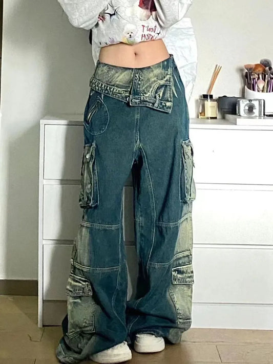 lovwvol Y2K Hip-Hop Retro Niche High Street Washing Old Wide-Leg Jeans Men Flanging Design Street Women Loose Versatile Mopping Pants