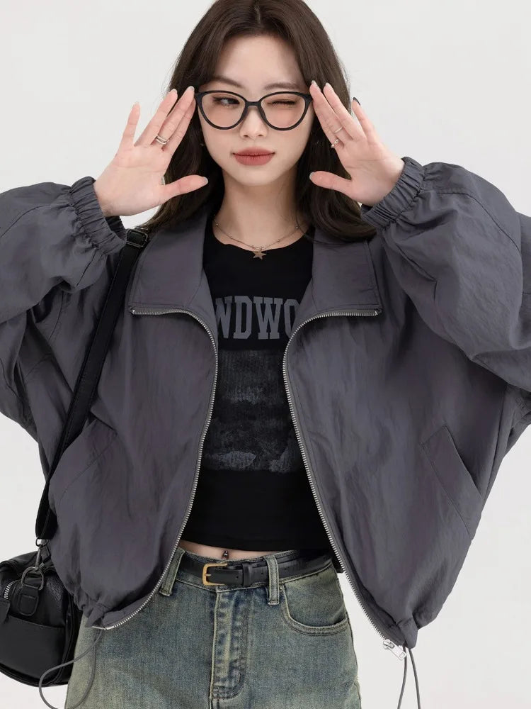 lovwvol  Korean Y2K Dark Grey Jackets Women Windbreaker Crop Jacket Female Harajuku Korean Oversize Zip Up Outdoor Tops