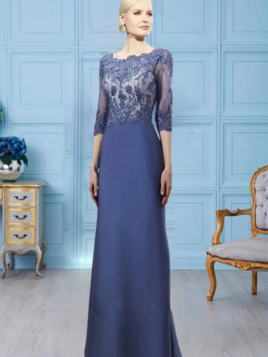 Mermaid Blue Mother of the Bride Dress Formal Elegant Floor Length Satin Lace Half Sleeve with Appliques Evening dresses