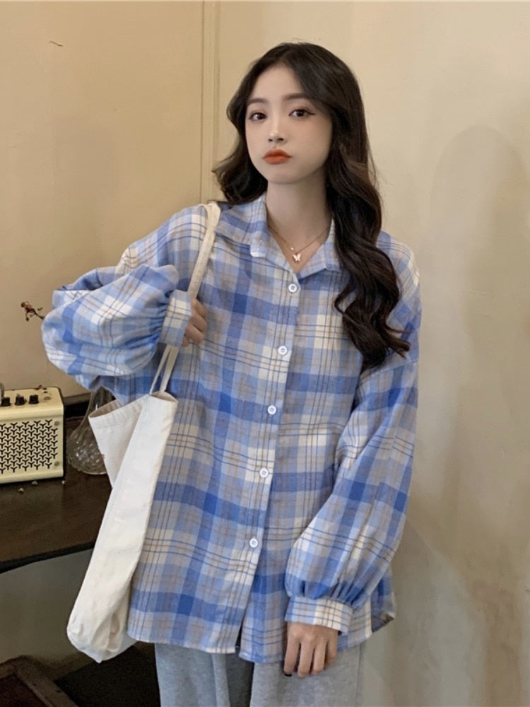 Korean Oversize Plaid Shirt Women Fashion Long Sleeve All Match Blouse Spring Preppy Style Turn Down Collar Casual Y2K Top