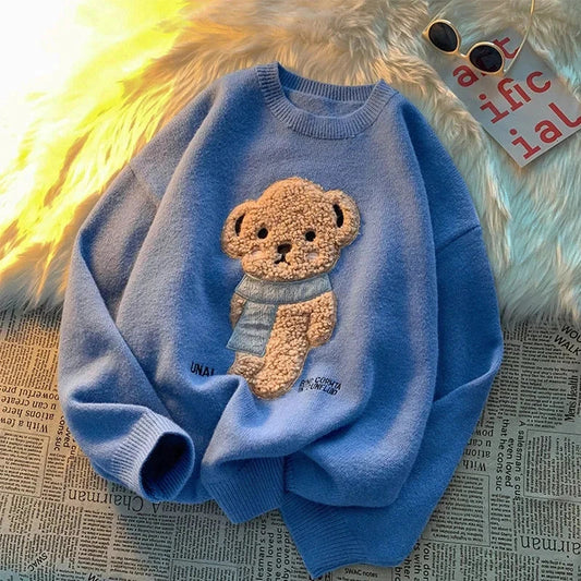 lovwvol Korean Style Cartoon Bear Print Knitted Sweater Women Kawaii Harajuku Blue Long Sleeve Oversize Jumper Female Winter