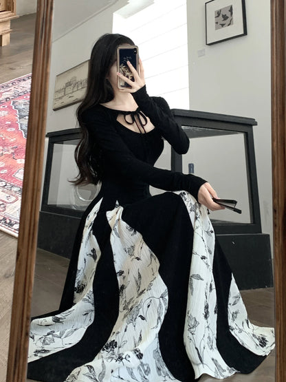 lovwvol Vintage Knitted Patchwork Floral Dress Irregular Design Sense Hepburn Wind Sweet Fashion Slim Summer New Black Long Dresses