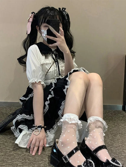 Japanese Kawaii Mini Cake Skirt Womens Black Casual Elegant Lolita Sexy  High Waist Lace Y2k Aesthetic Sweet Gothic Faldas