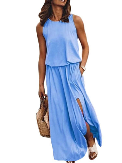 lovwvol Summer Solid Long Dress Women Casual Sleeveless Elastic Waist Side Slit Maxi Dresses Female O-Neck Loose Tank Dress Sundress