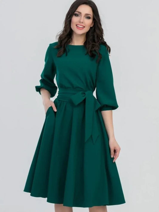 lovwvol Summer Dress Women's Vintage Dress Round Neck Long Sleeve Elegant Lace Up Solid Color New Green Maxi Dresses for Women