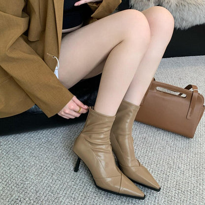 Fashion Women 7cm High Heels Chic Ankle Boots Winter Warm Fur Pointed Toe Sock Boots Beige Back Zipper Stretch Short Boots Shoes