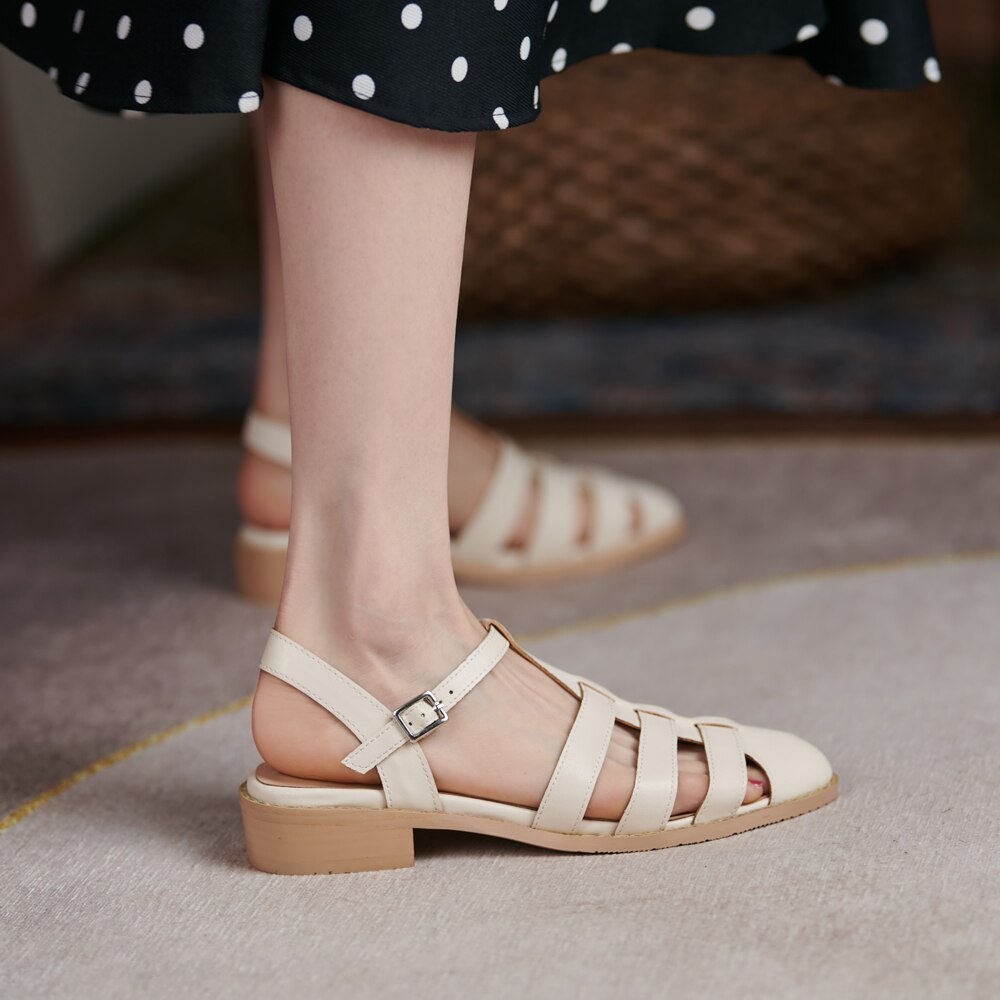 lovwvol New Women Fisherman Sandals Lady Closed Toe Front Back Buckle Strap Square Low Heels Beige Black Summer Female Shoes M148