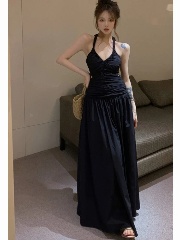 Sexy Halter Long Dresses for Women Slim A-line Holiday Beach Dress Sleeveless V-neck Korean New Spring Summer Casual Clothing