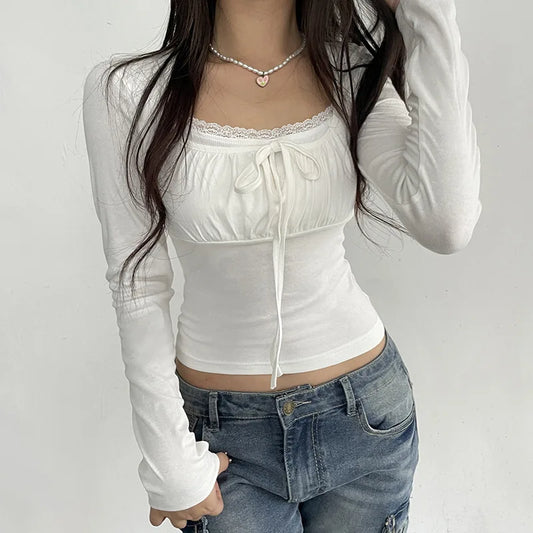 Preppy Cute Lace Trim Ruched Tie Up T-shirt Fairycore Vintage Grunge Long Sleeve Tees Women Korean Crop Tops Y2K Kawaii Clothes