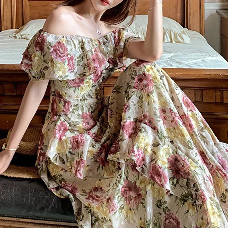 lovwvol French Elegant 2000s Vintage Dress Women Floral Floor-Length Sexy Wedding Party Long Boho Dress Beach Style 2024 Summer Y2k Chic