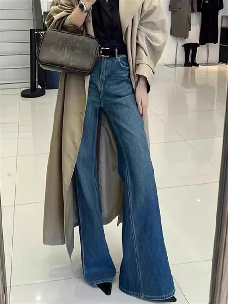 lovwvol Women's Retro Style Micro Flared Blue Jeans Vintage Street Style Denim Trousers Young Girl Bottoms Female Straight Skinny Pants