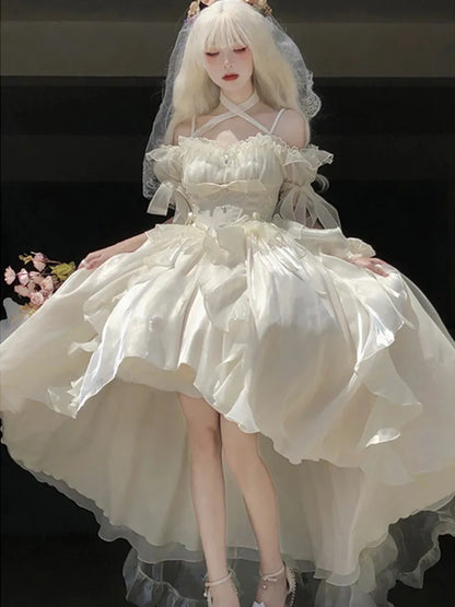 lovwvol - White Flower For Bride Generate Colorful Wedding Dress Cos Lolita Dress Suit Heavy Industry Trail Pure White Girl Princess Dress