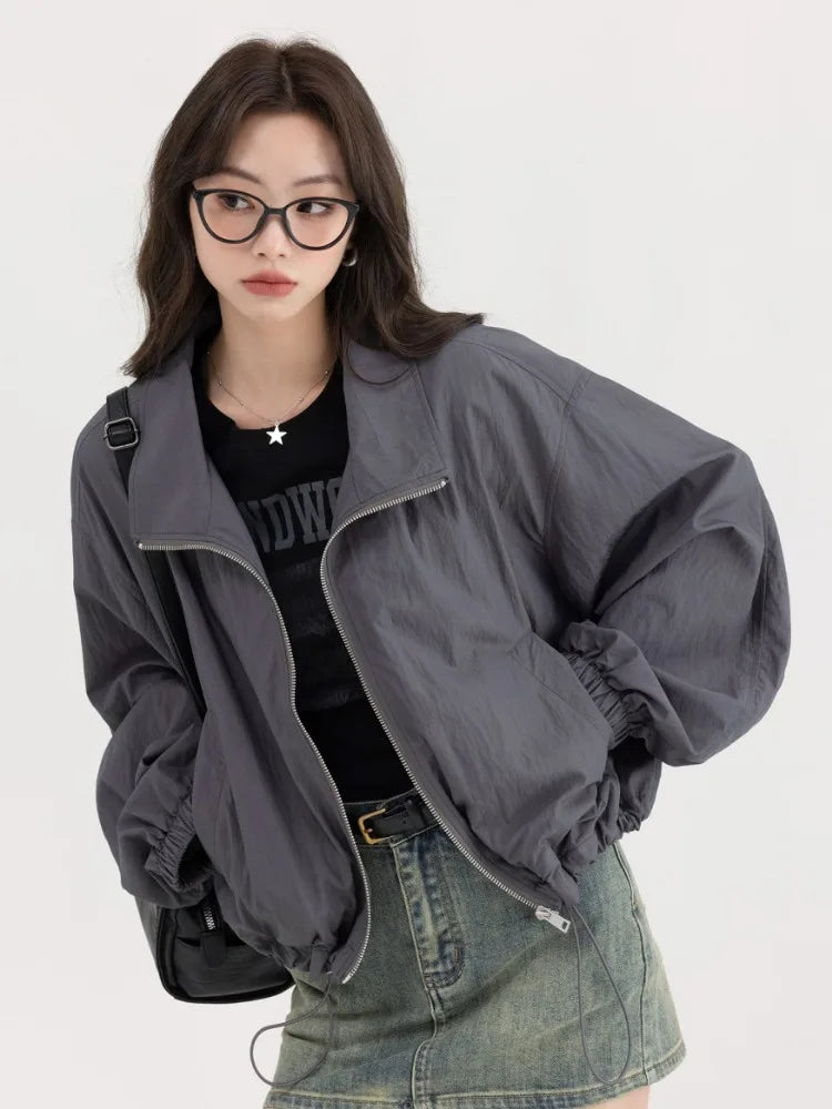 lovwvol  Korean Y2K Dark Grey Jackets Women Windbreaker Crop Jacket Female Harajuku Korean Oversize Zip Up Outdoor Tops