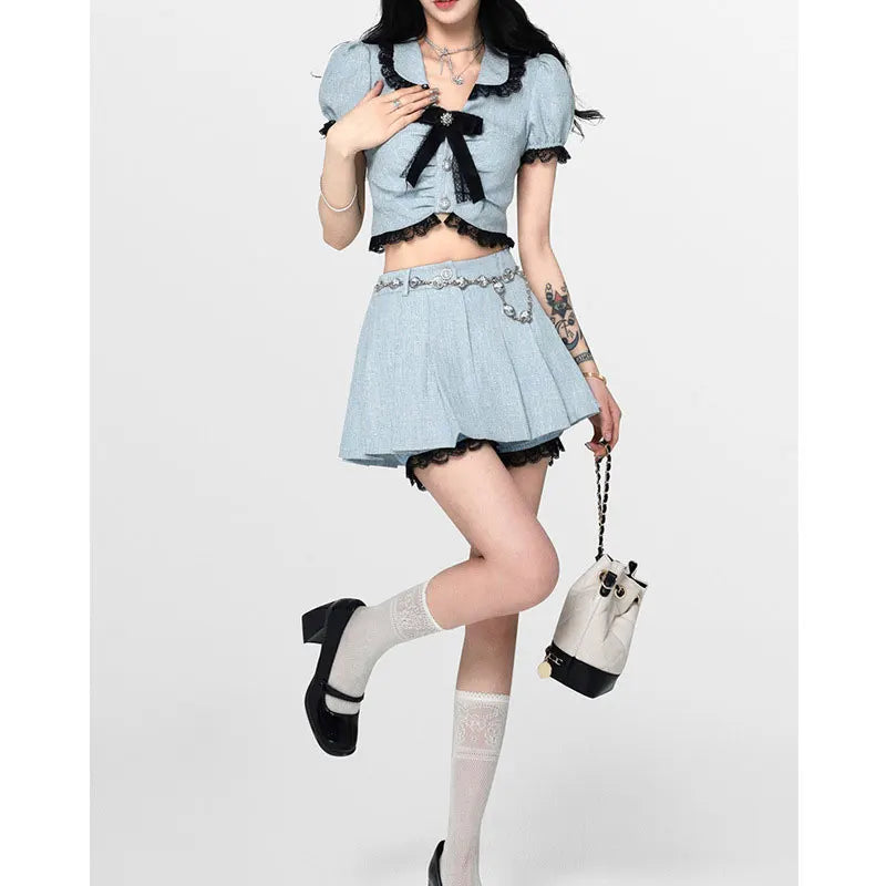 lovwvol Korea Summer Sweet Two Piece Mini Skirts Sets Kawaii Lolita Peter Pan Collar Bow Crop Top + Mini Skirt Suit Blue Outfit Outwear