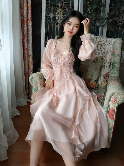 lovwvol   Autumn Vintage Party Midi Dress Women Pink Fairy Korean Style Sweet Dress Female Bubble Sleeve Elegant Evening Party Dress