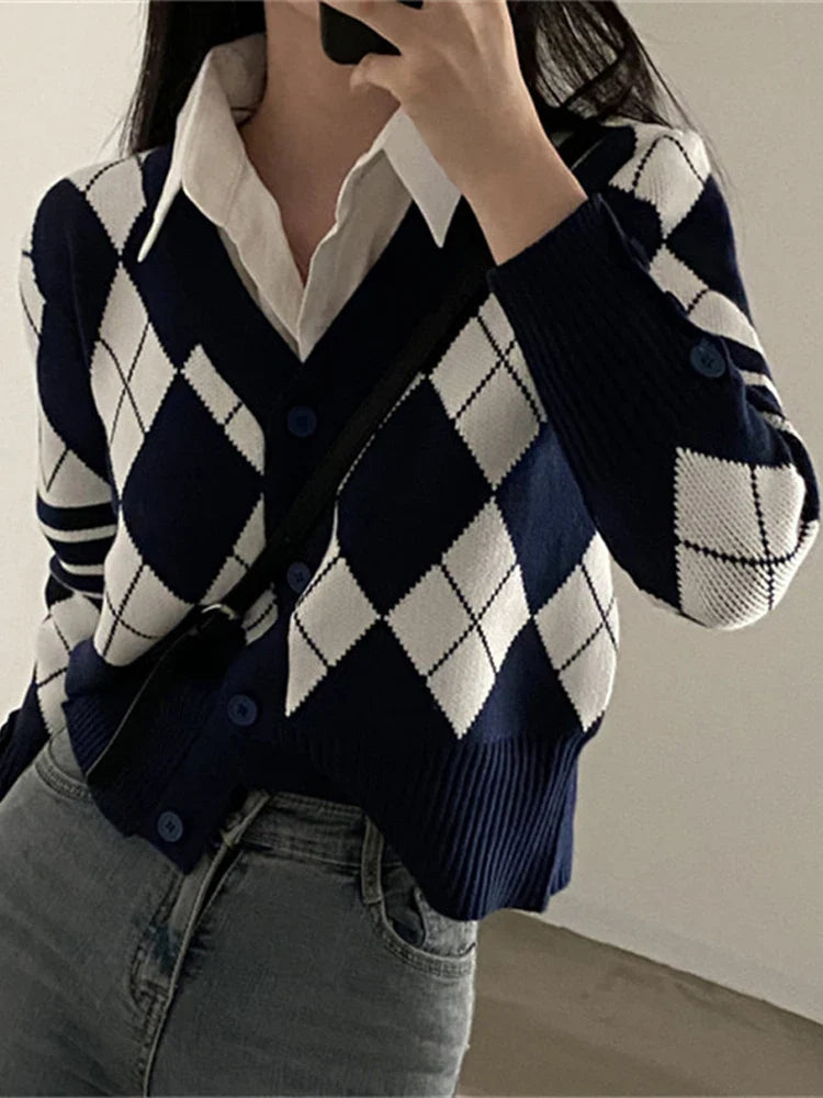 lovwvol Japanese School Uniform Ladies Sweaters Cute Top Argyle Cropped Cardigan V Neck Preppy Style Knit Sweater Pull Femme