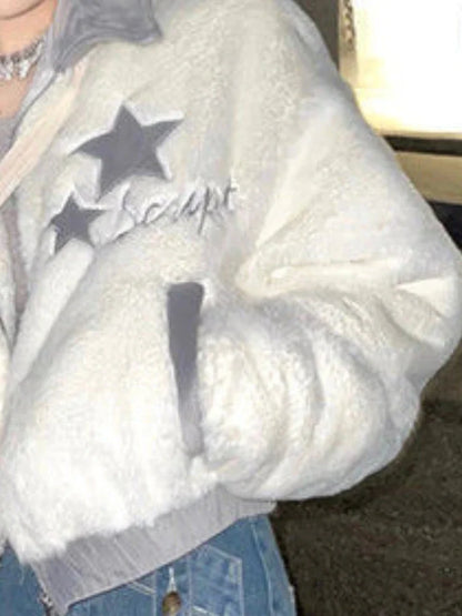 Harajuku Cropped Jacket Women Autumn Winter Vintage Zipper Fluffy Coat Y2k Aesthetic Star Embroidery Faux Fur Jackets