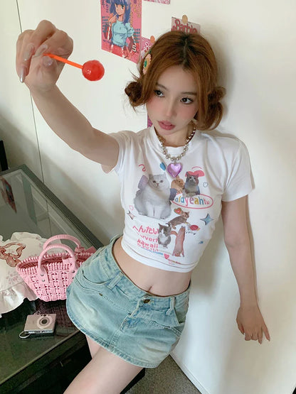 lovwvol Japanese y2k Kawaii Cat Print Short Sleeve Tee Women Grunge Crop Tops Fairycore Graphic T-shirt E-girl 2000s Korean Fashion