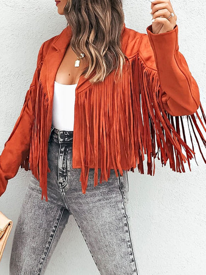 Fringe Faux Suede Jacket Women's Motorcycle Lapel Handsome Jacket Fall 2023 Ladies Solid Fringed Short Coat Women Jackets A2008