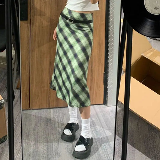 lovwvol  -  Korean Fashion Green Checkered Half Skirt Summer New Slimming High Waist Wrapped Arm Mid Length A-line Half Skirts