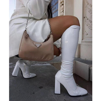 Luxury Sexy Women Knee-high Modern Boots Fashion Square Toe Shiny Leather High Heel Shoes Size 36-43 Female Boots Botas De Mujer