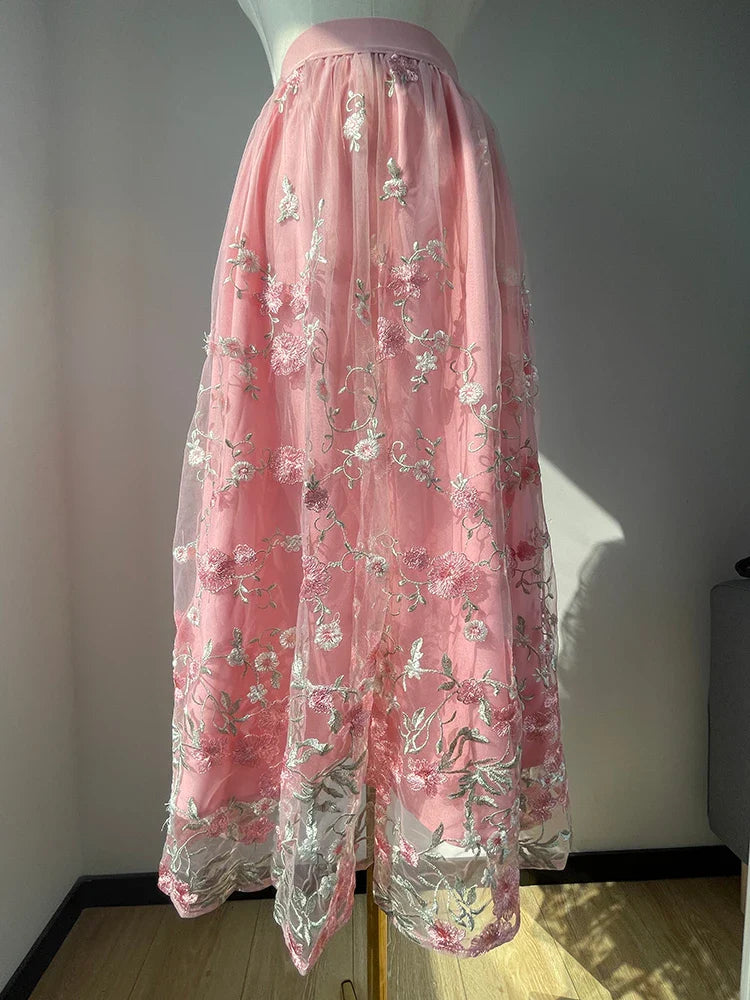 lovwvol   Bouquet Embroidered Long Skirt High Quality Pink Vintage Big Hem Floral Skirt Luxurious Fairy Style Women's Clothes