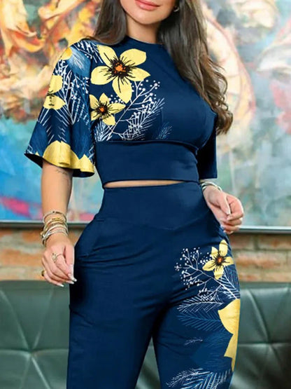 lovwvol  -  Summer Fashion Printing Two Piece Set Women Casual Flare Sleeve Tshirt Elastic High Waist Cropped Pants Two Piece Suit Women