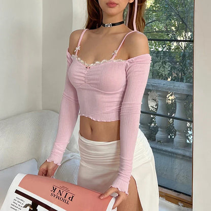 lovwvol Sweet Pink Frill Bow Women T-shirts Spring Slim Folds Lace Cutecore Crop Tops Korean Coquette Clothes Girls Y2K Tees