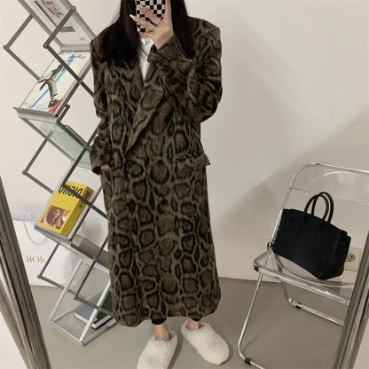 lovwvol  -  Double Breasted Leopard Print Suit Woolen Coat Women's Winter New Fashion Loose Jacket Trend Female Clothing