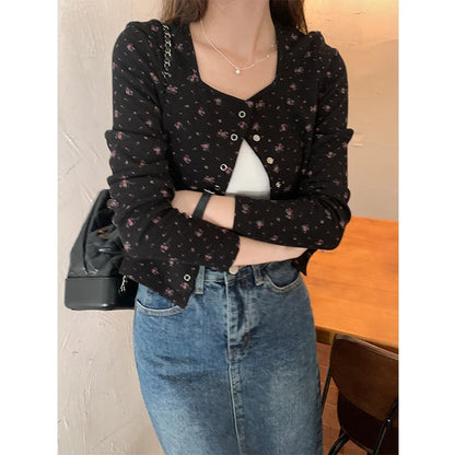 lovwvol  Age Reduction Floral Cardigan Vintage Square Neck Thin Sunscreen Knit Crop Tops Autumn Womens Clothing Sueters