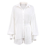 lovwvol Cotton Women's Summer Suit Oversized Top Shirts And Shorts Two-Piece Sets Outfits White Casual Hollow Out Suit Female