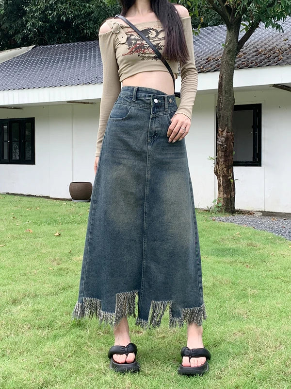 lovwvol  -  American Retro Denim Skirt Women's Autumn Vent Design Tassel A-line Hign Waist Denim Long Skirt Female Clothing