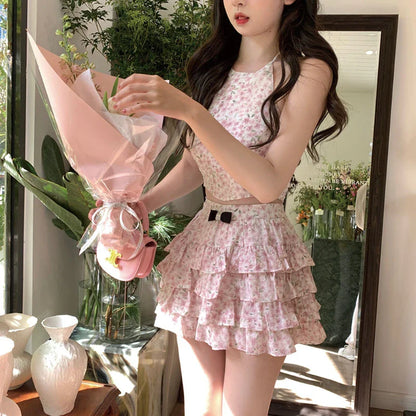 lovwvol Fashion Summer New 2024 Sweet Lace Floral Halterneck Suspender Dresses Women's A-line Cake Short Skirt Suit Clothing Party Dress