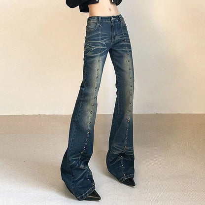 lovwvol Women's Rivet Design Retro Micro Flared Jeans Vintage Street Denim Trousers Young Girl Bottoms Female Straight Skinny Pants