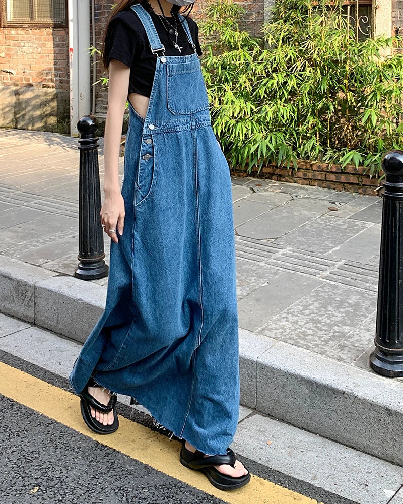 lovwvol SML Women Loose Ladies Vintage Long Denim Dress Female Tassel Spaghetti Strap Jeans Denim Dresses Female (78913