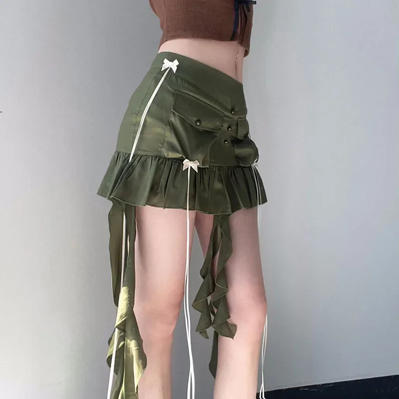 lovwvol  Y2K Women Ruffles Hem Short Skirt Bow Detail Chic Kawaii Girly Miniskirt Korean Streetwear Low Waist Cute 90s Outfits